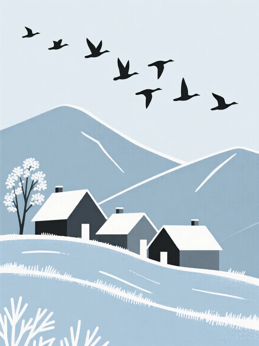 A mountain village, transformed by early spring frost, with migrating geese overhead scattered throughout, captures quiet transformation.