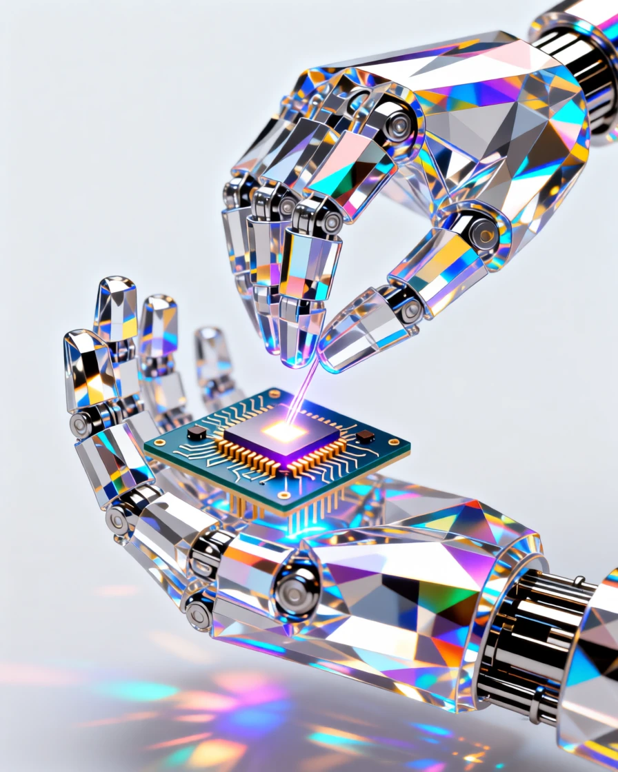 A robotic hand delicately assembling a miniature glowing microchip circuit.
