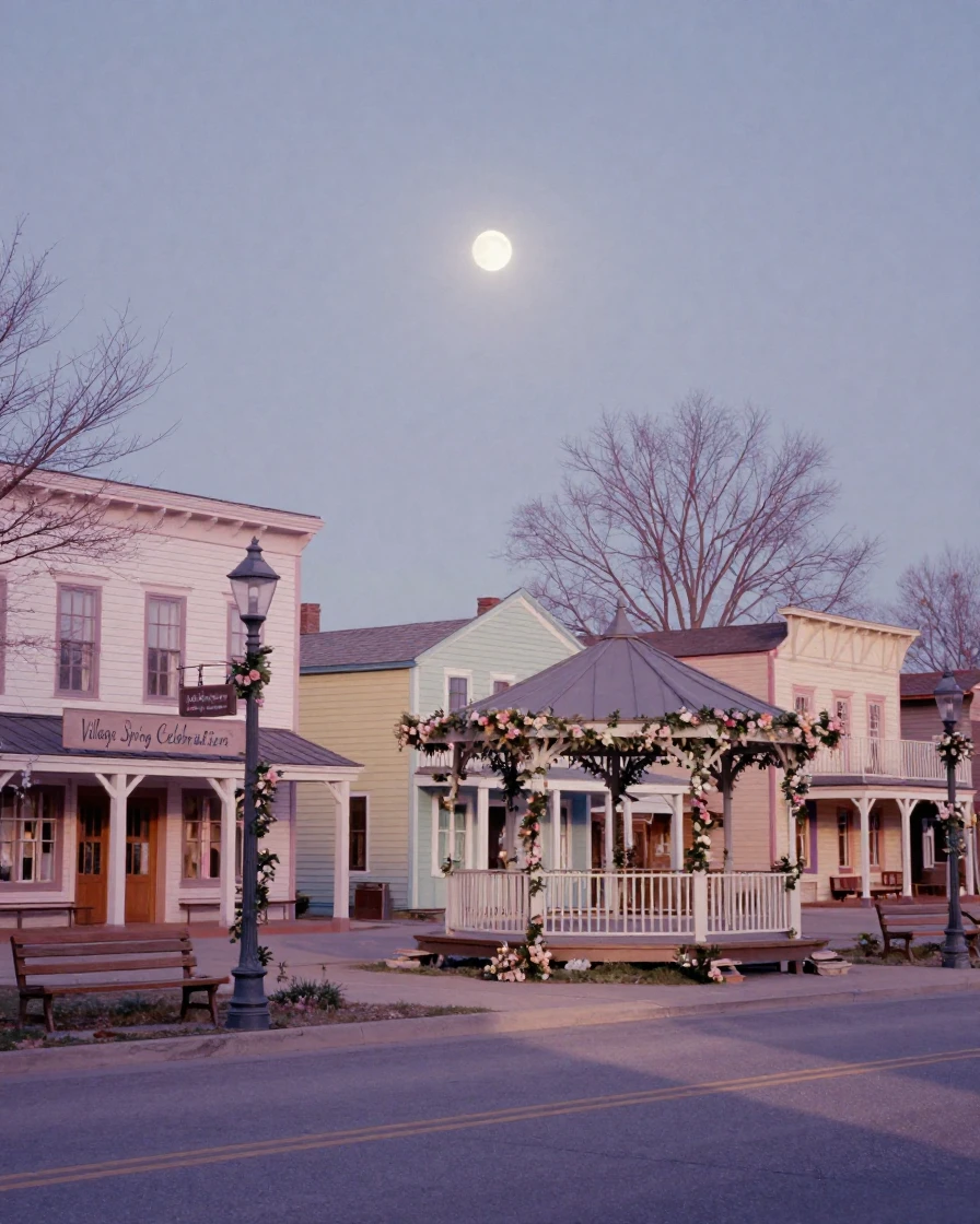 A village square decorated with garlands for a spring celebration, under moonlight, in still, windless air, in late autumn, in soft muted pastels, from a three-quarter angle.