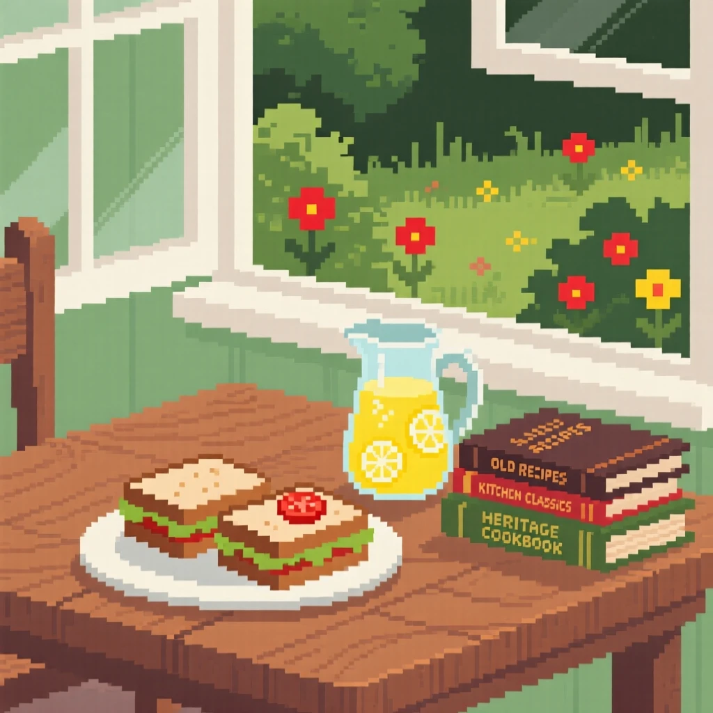 A picnic spread of sandwiches and lemonade resting beside a stack of old cookbooks, beside an open window overlooking a garden.