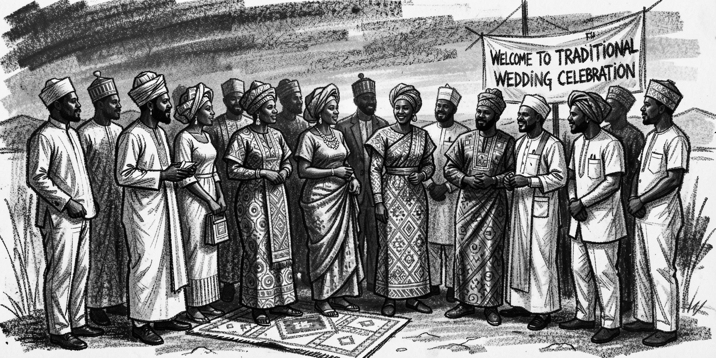 A Nigerian traditional wedding with vibrant aso-ebi attire, beneath a sky streaked with sunset colors.