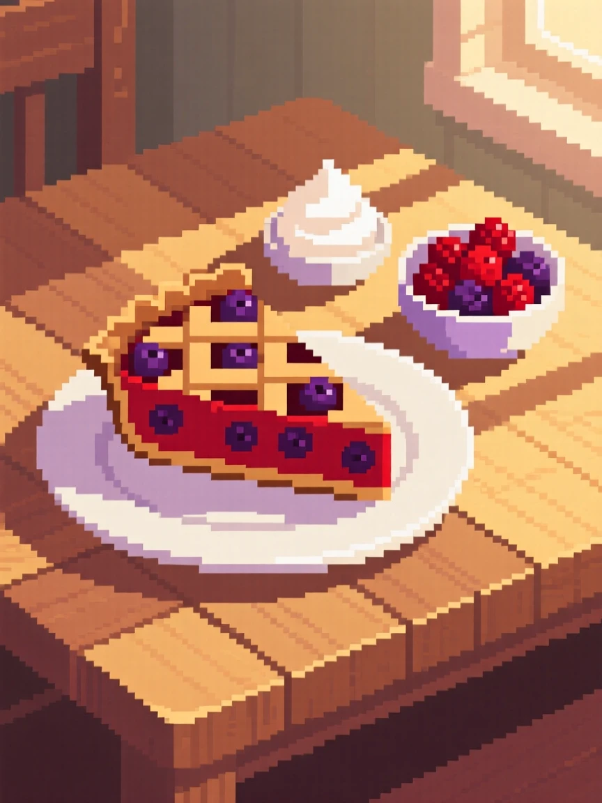 A slice of berry pie served on a tray with tiny side dishes, in a sunlit breakfast nook.
