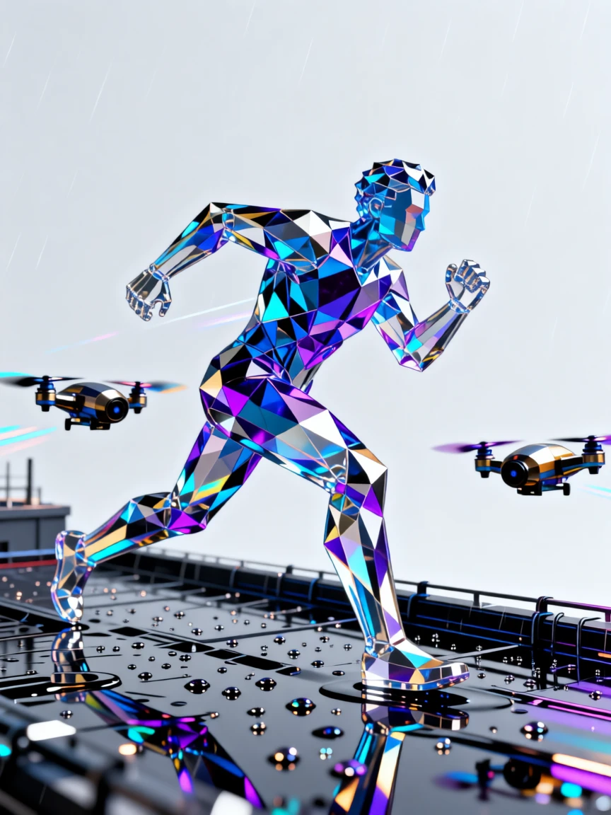 A cyberpunk rain-soaked rooftop chase between a runner and pursuing drones.