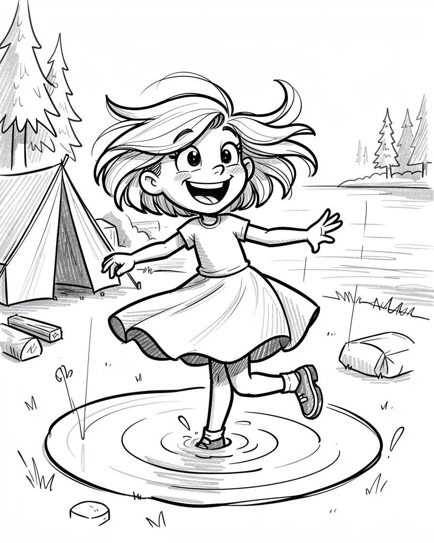 A little girl twirling in a rain puddle at a lakeside campsite.