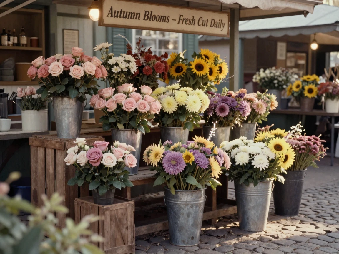 A flower market bursting with buckets of fresh-cut blooms, in low lamplight, as heat shimmers over the ground, in late autumn, in soft muted pastels, peering through foliage in the foreground.