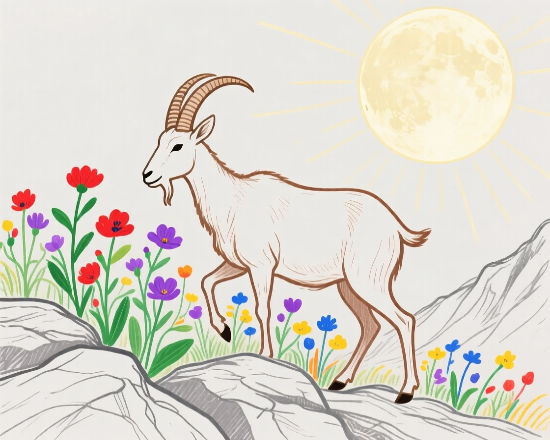 A mountain goat exploring near a wildflower field under a full moon.