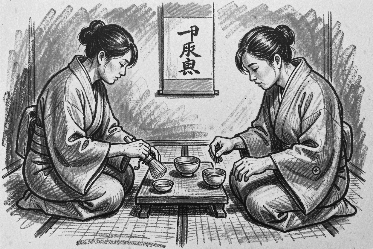 A traditional tea ceremony performed with quiet precision, as the last light of day fades to dusk.