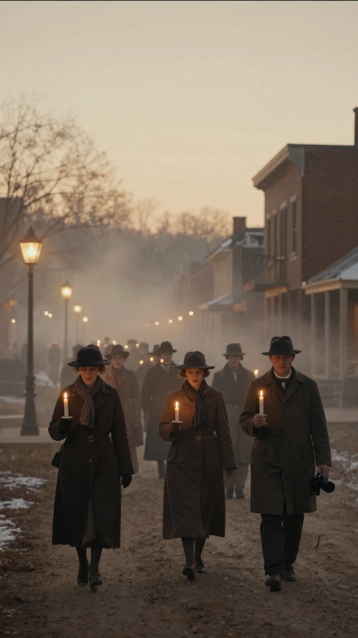 A candlelit procession moving through a historic town at dusk, under soft golden-hour light, as mist rises off the ground, in the depths of winter, with a soft sepia-tinted glow, from behind, looking toward the horizon.