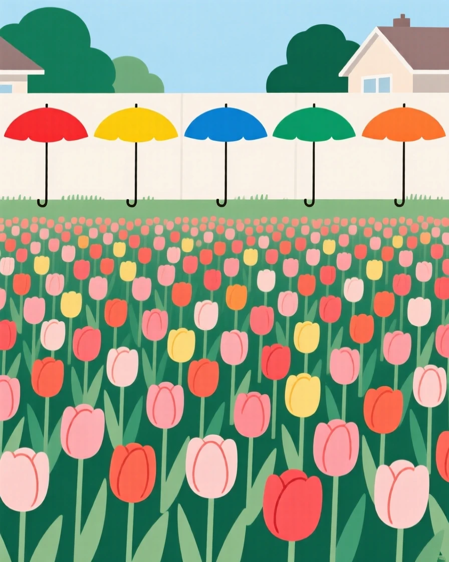 A field of blooming tulips covering a suburban backyard as a row of colorful umbrellas appears in the distance, full of cozy anticipation.