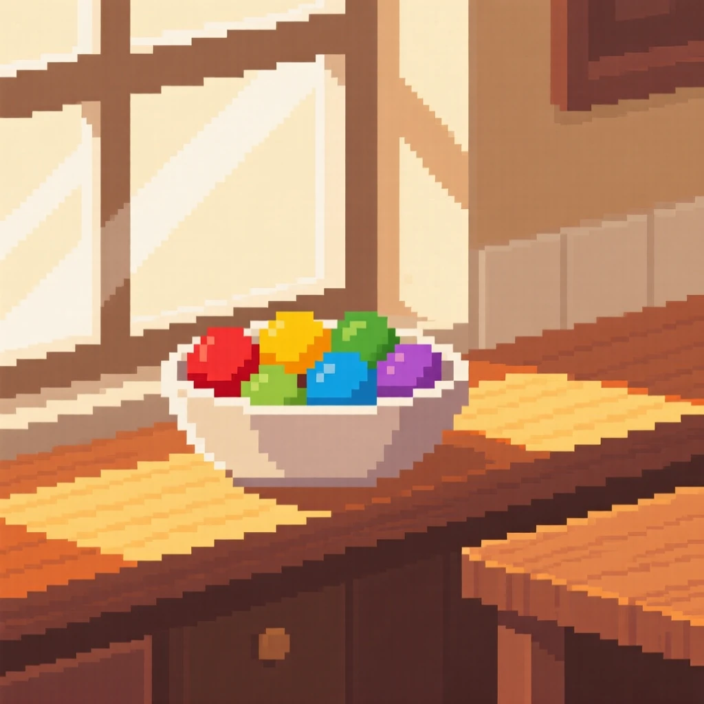 A bowl of colorful candy placed on a windowsill to cool, in a sunlit breakfast nook.