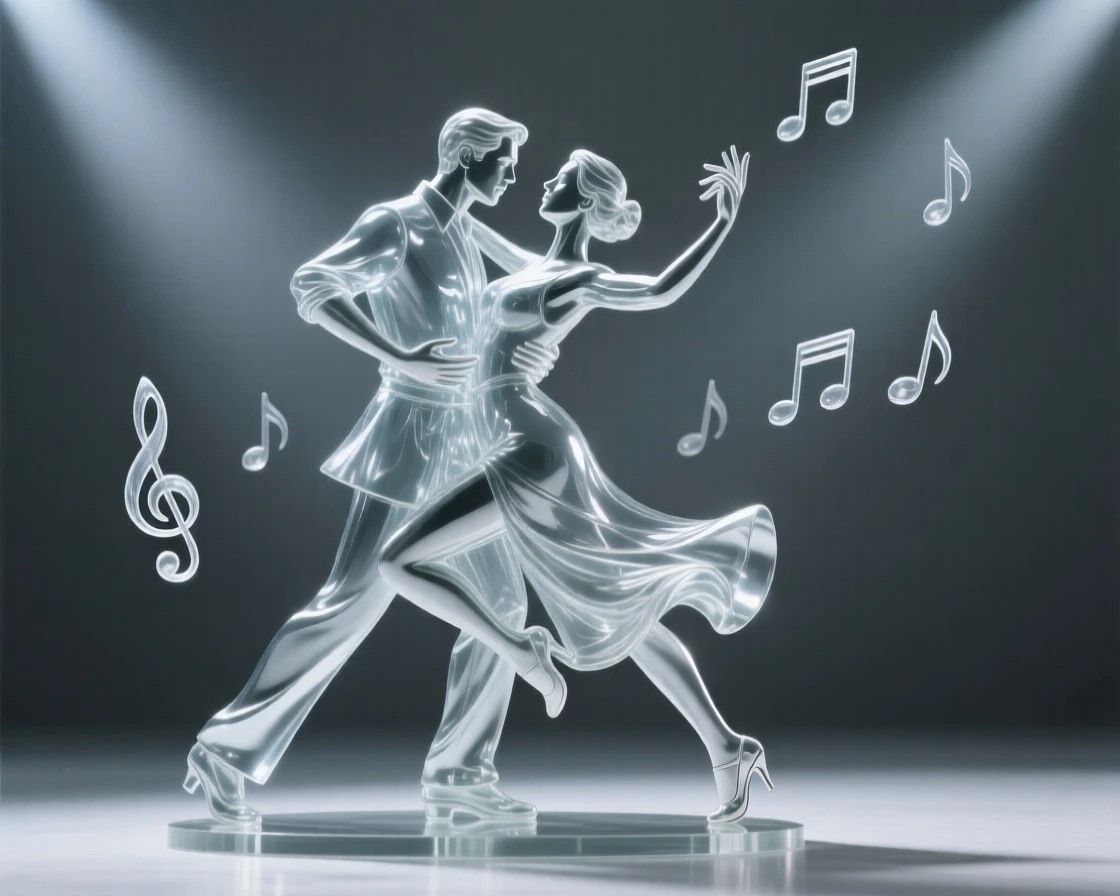 A tango couple locked in a dramatic pose mid-dance with the sound of applause rising from an unseen audience, while notes seem to hang in the air around them