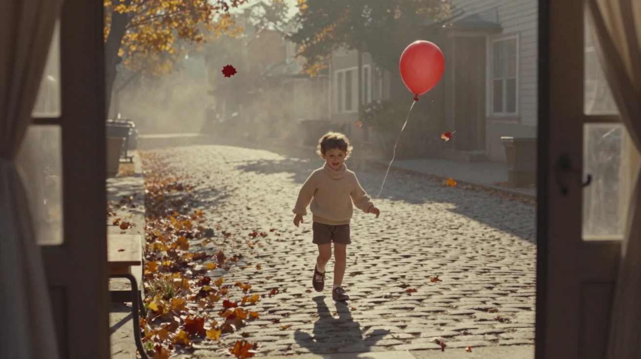 A child chasing a runaway balloon down a cobblestone street, in warm morning light, as mist rises off the ground, as autumn leaves turn gold and red, in soft muted pastels, viewed from across the room.