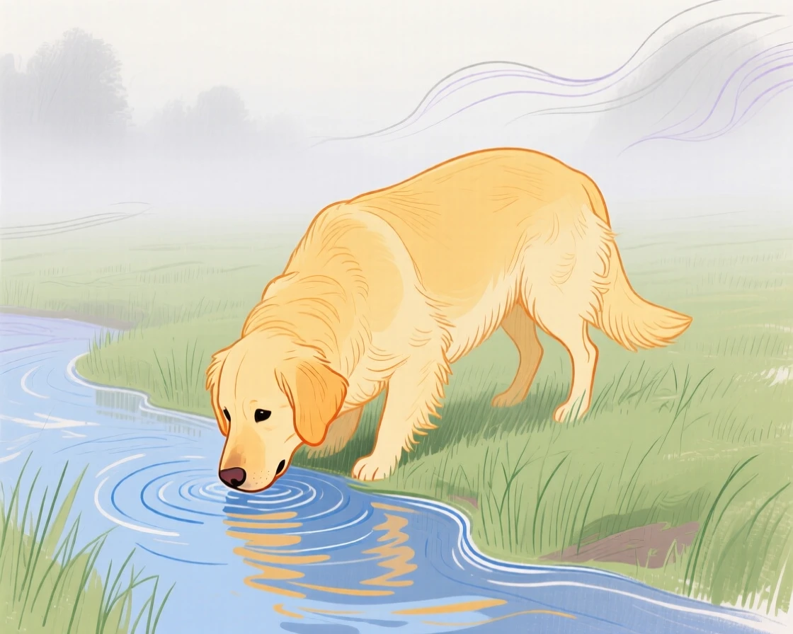 A golden retriever drinking from a stream in a misty morning field as fog rolls in.