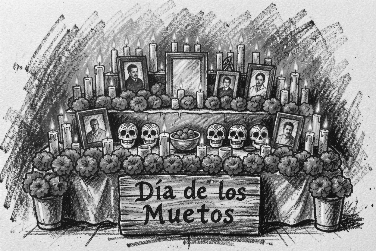 A Day of the Dead altar decorated with marigolds and candles, in the warm glow of early morning light.