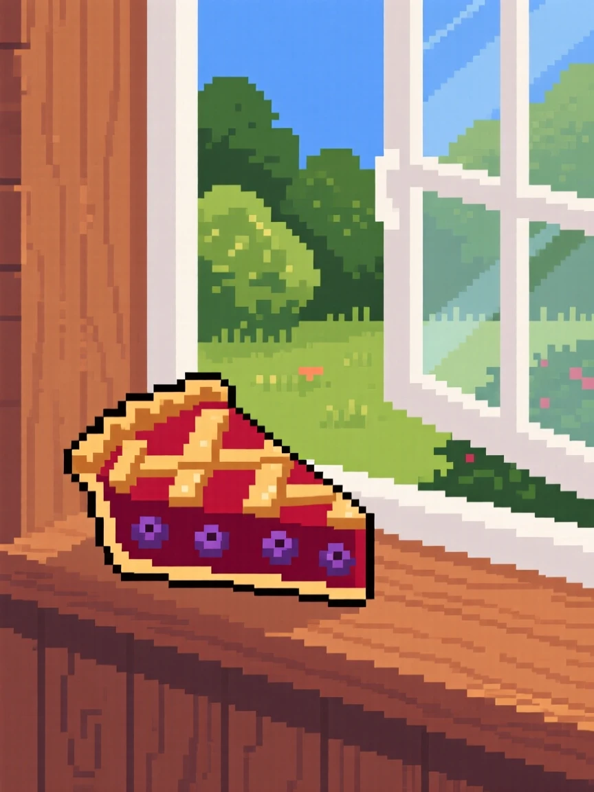 A slice of berry pie placed on a windowsill to cool, beside an open window overlooking a garden.