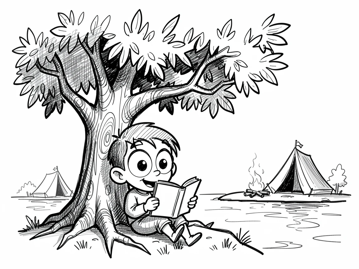 A child reading a book under a shady tree at a lakeside campsite.