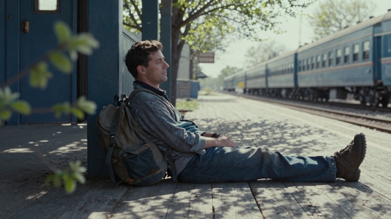 A weary traveler resting against a backpack at a train platform, in dappled light filtering through leaves, as heat shimmers over the ground, in early spring, in cool blues and silvery greys, peering through foliage in the foreground.