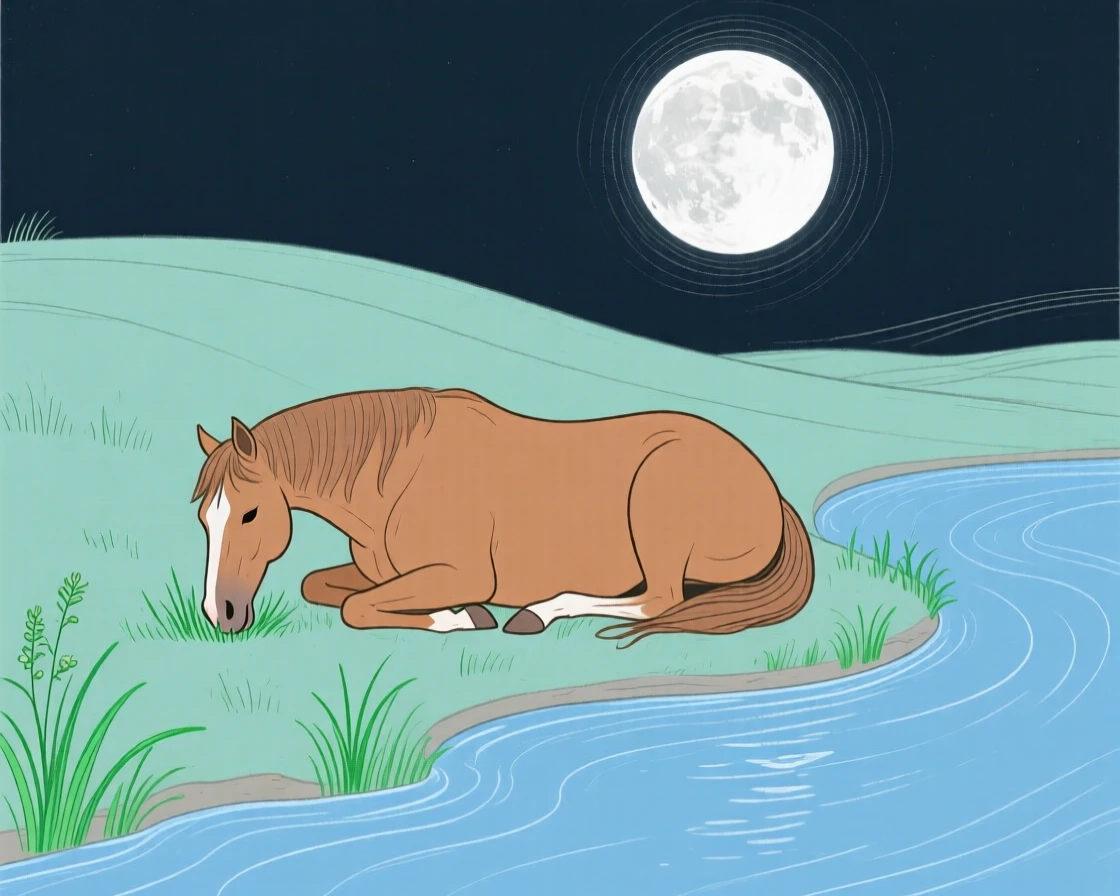 A grazing horse curled up together along a quiet riverbank under a full moon.
