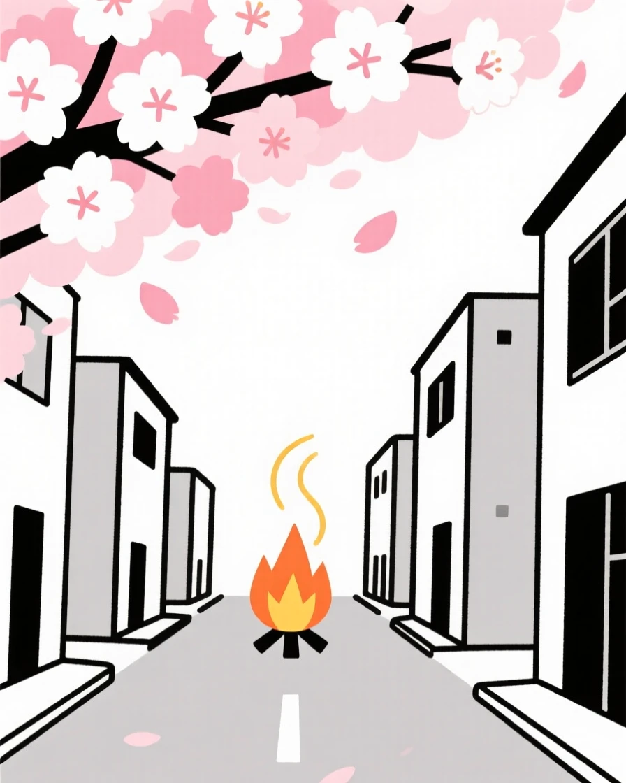 A burst of cherry blossoms covering a small town street as a warm bonfire appears in the distance, full of nostalgic comfort.