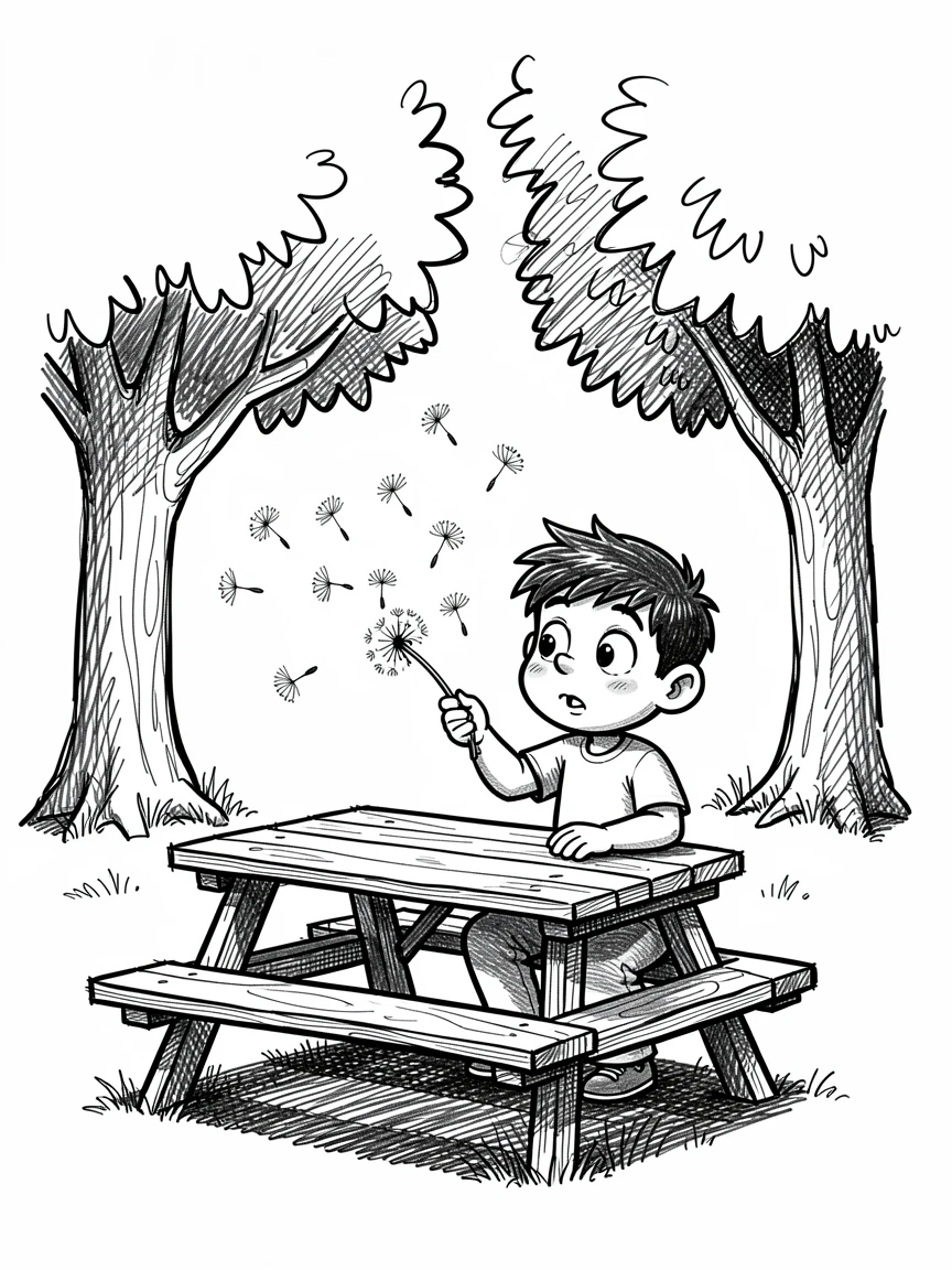 A little boy blowing dandelion seeds at a picnic table under shady trees.