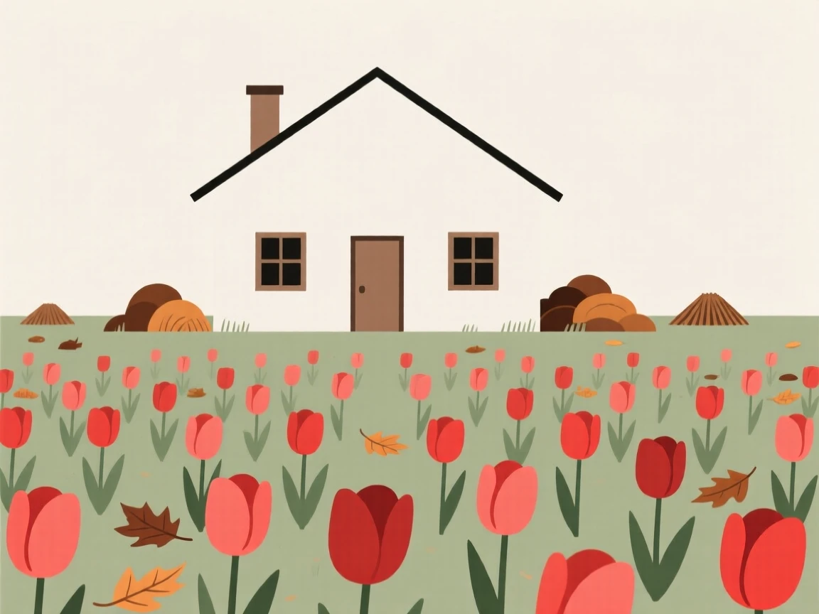 A rural farmhouse, transformed by field of blooming tulips, with a pile of raked leaves scattered throughout, captures nostalgic comfort.