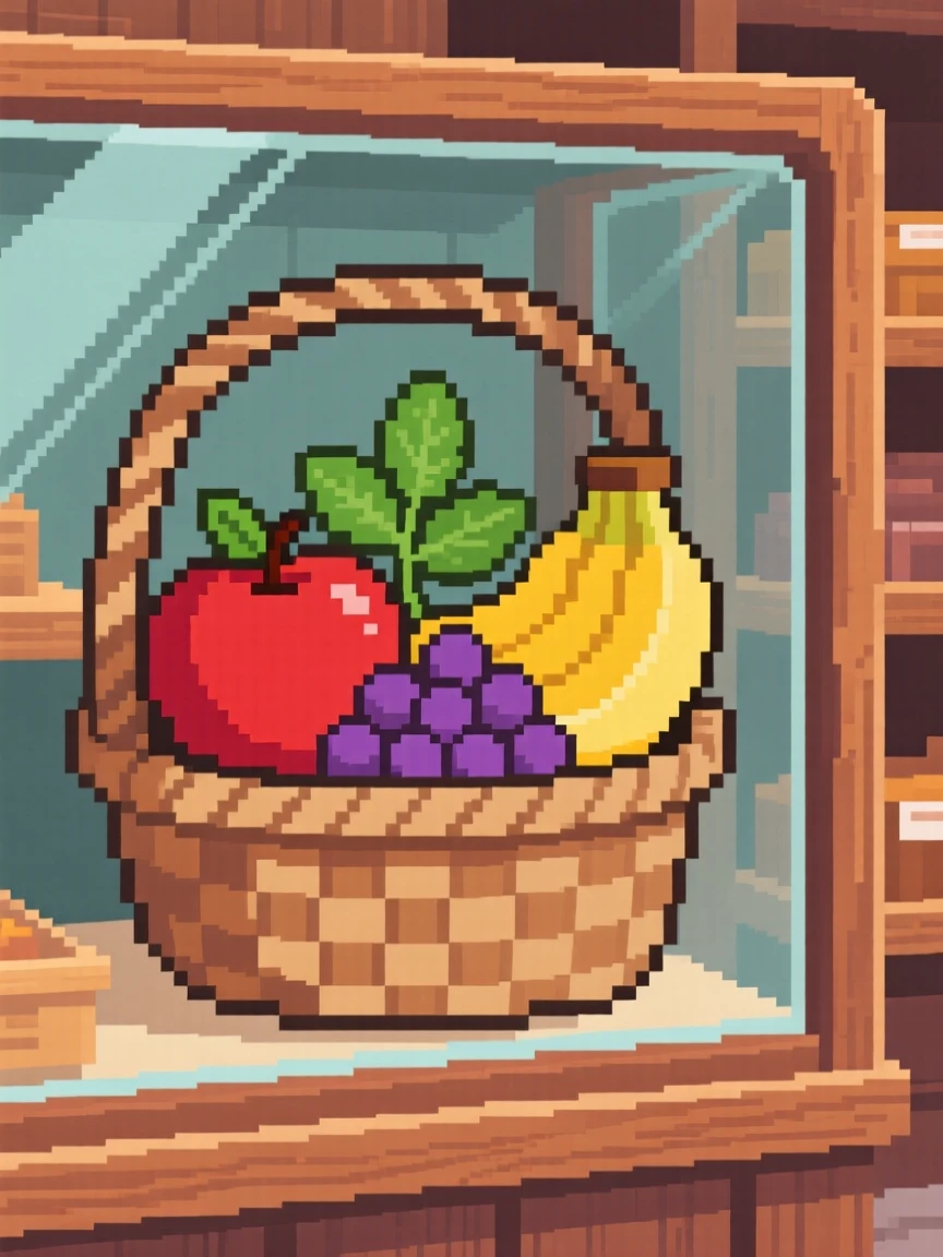 A basket of ripe fruit decorated with a sprig of mint, in a cozy bakery display case.