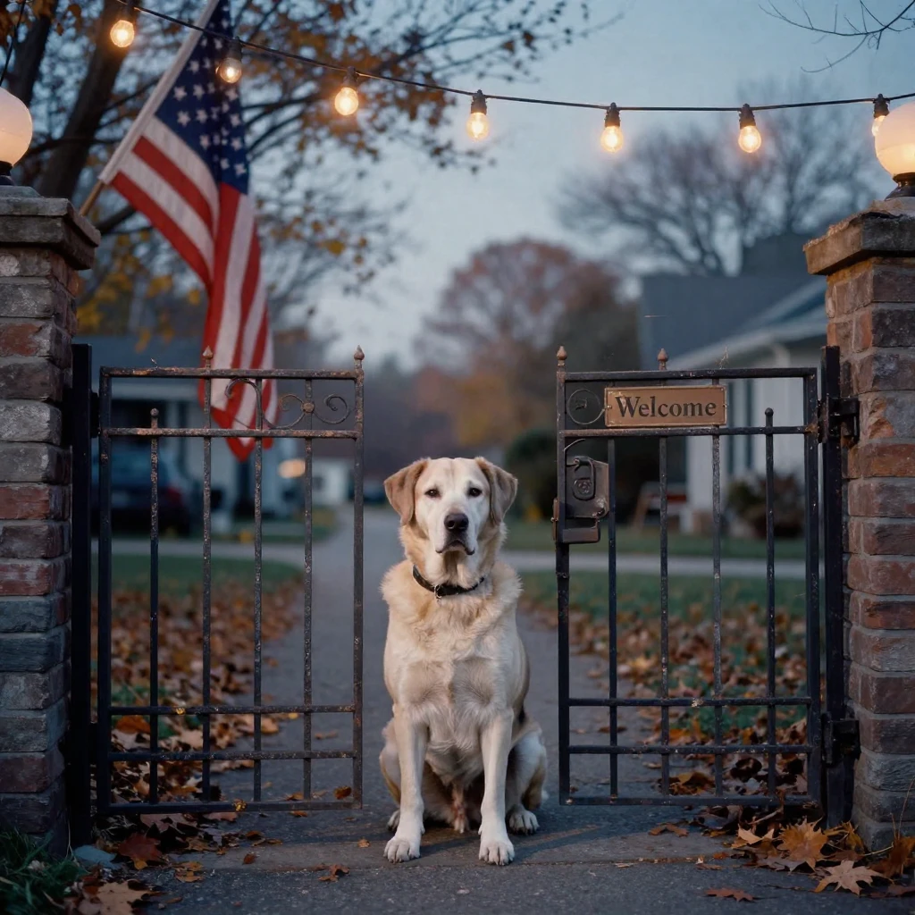 A loyal dog waiting patiently by a front gate, under strings of warm string lights, with a soft breeze stirring the air, in late autumn, in cool blues and silvery greys, from a wide establishing view.