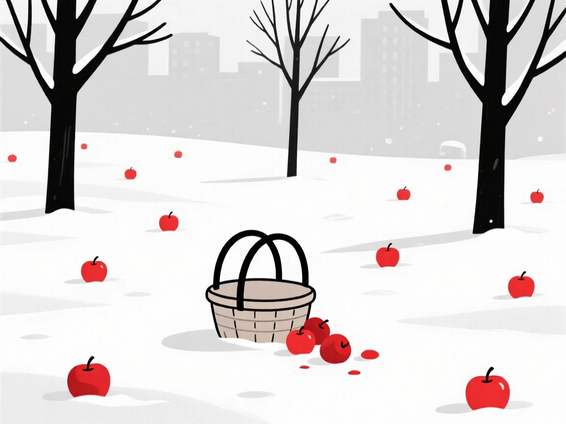 A city park, transformed by blanket of fresh snow, with a basket of apples scattered throughout, captures seasonal renewal.