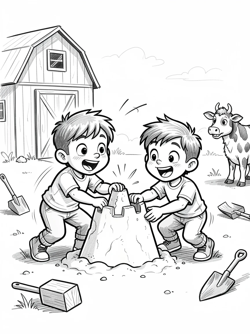 Two kids building a sandcastle on a farm during a visit.