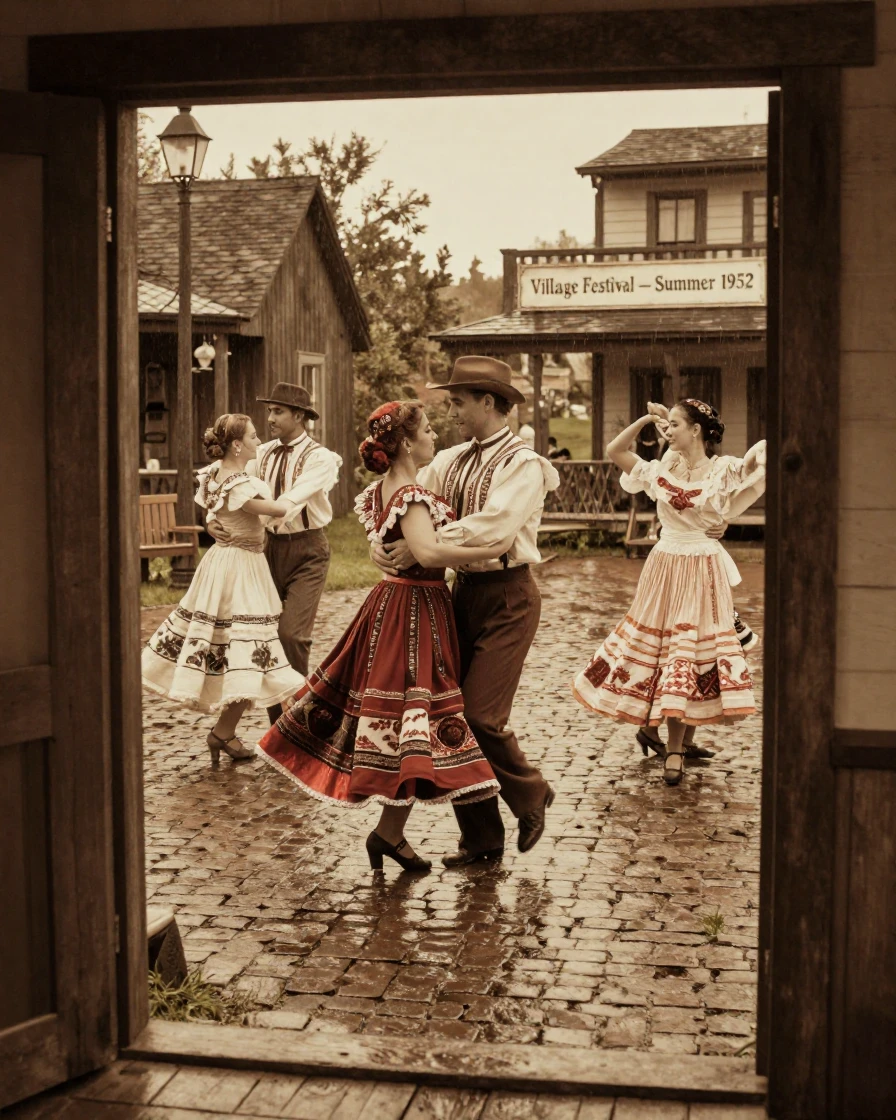Dancers in ornate traditional costume performing in a village square, under soft golden-hour light, under a light drizzle, in the height of summer, dominated by warm amber and rust tones, framed through an open doorway.