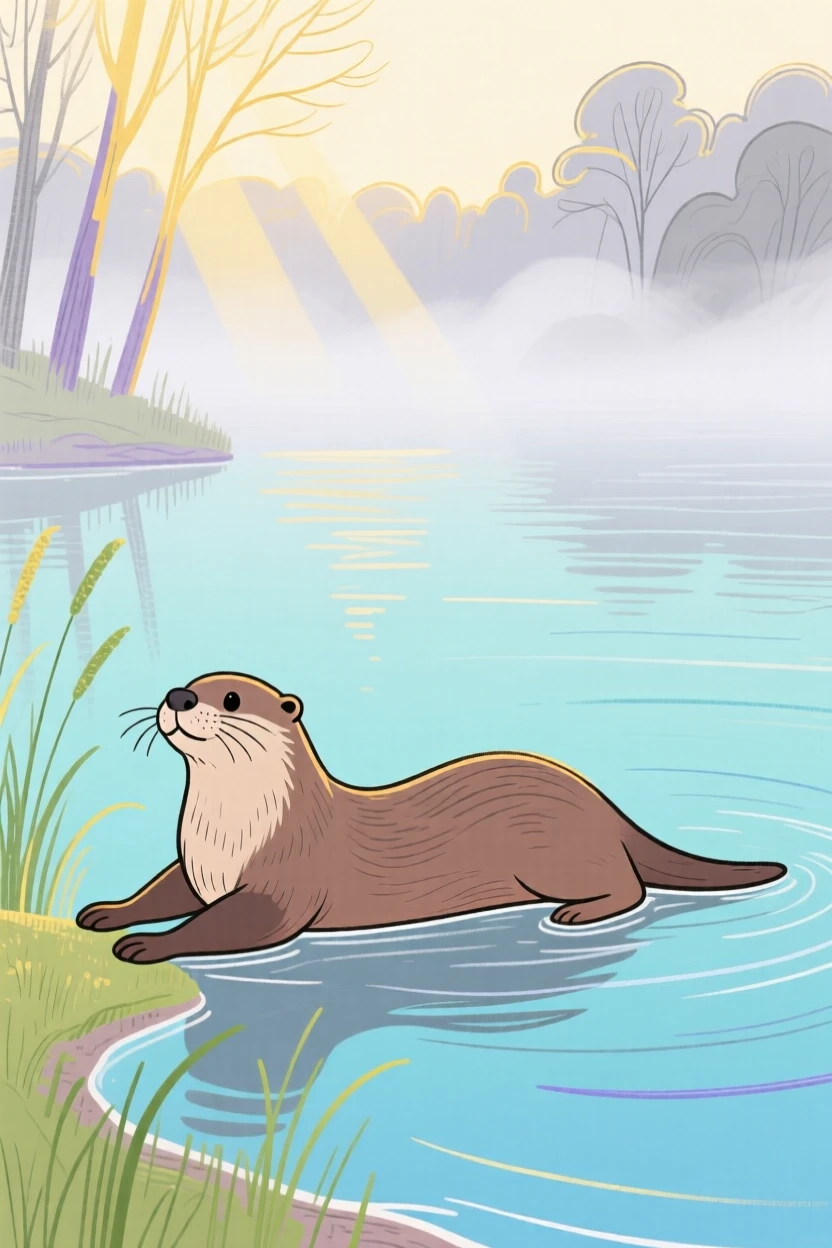A playful otter stretching in the morning light beside a still lake as fog rolls in.