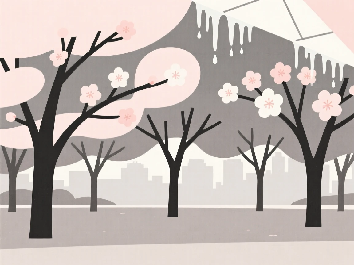 A canopy of blossoming trees covering a city park as melting icicles appears in the distance, full of nostalgic comfort.