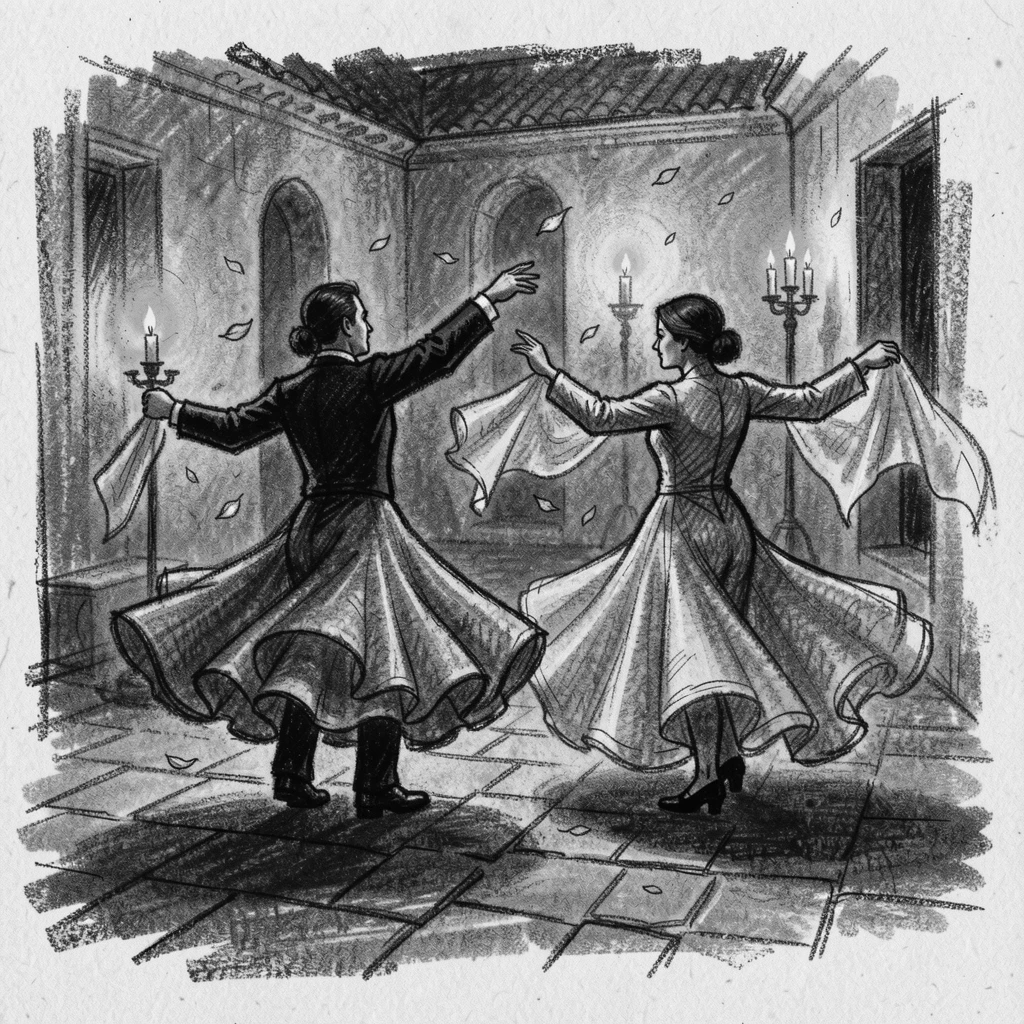 Dancers performing a traditional flamenco in a candlelit courtyard, with a light breeze stirring the surroundings.