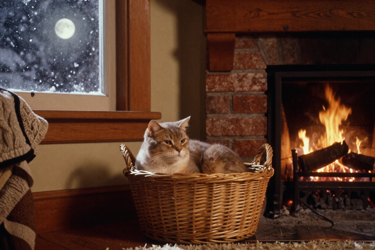 A cat curled contentedly in a basket beside a fireplace, under moonlight, in crisp, dry air, under the first snow of winter, dominated by warm amber and rust tones, captured from a low angle looking up.