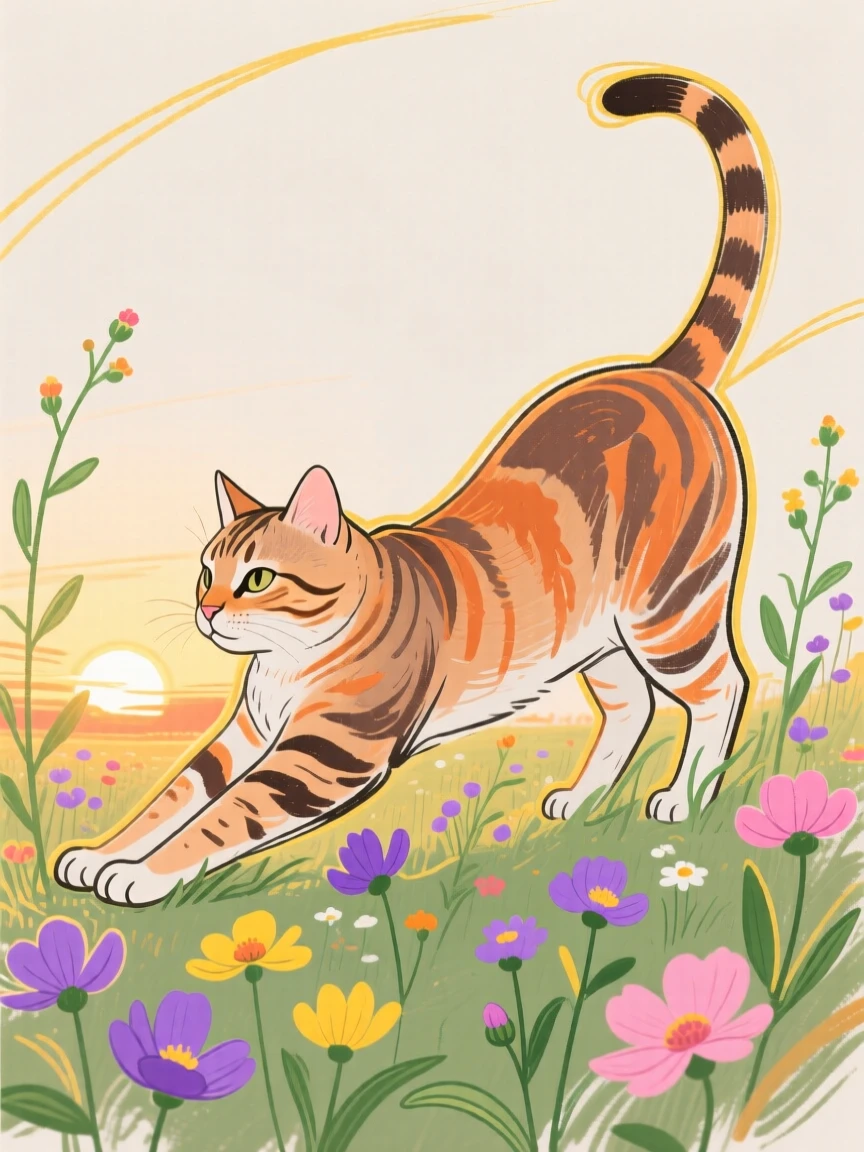 A tabby cat stretching in the morning light near a wildflower field at sunset.