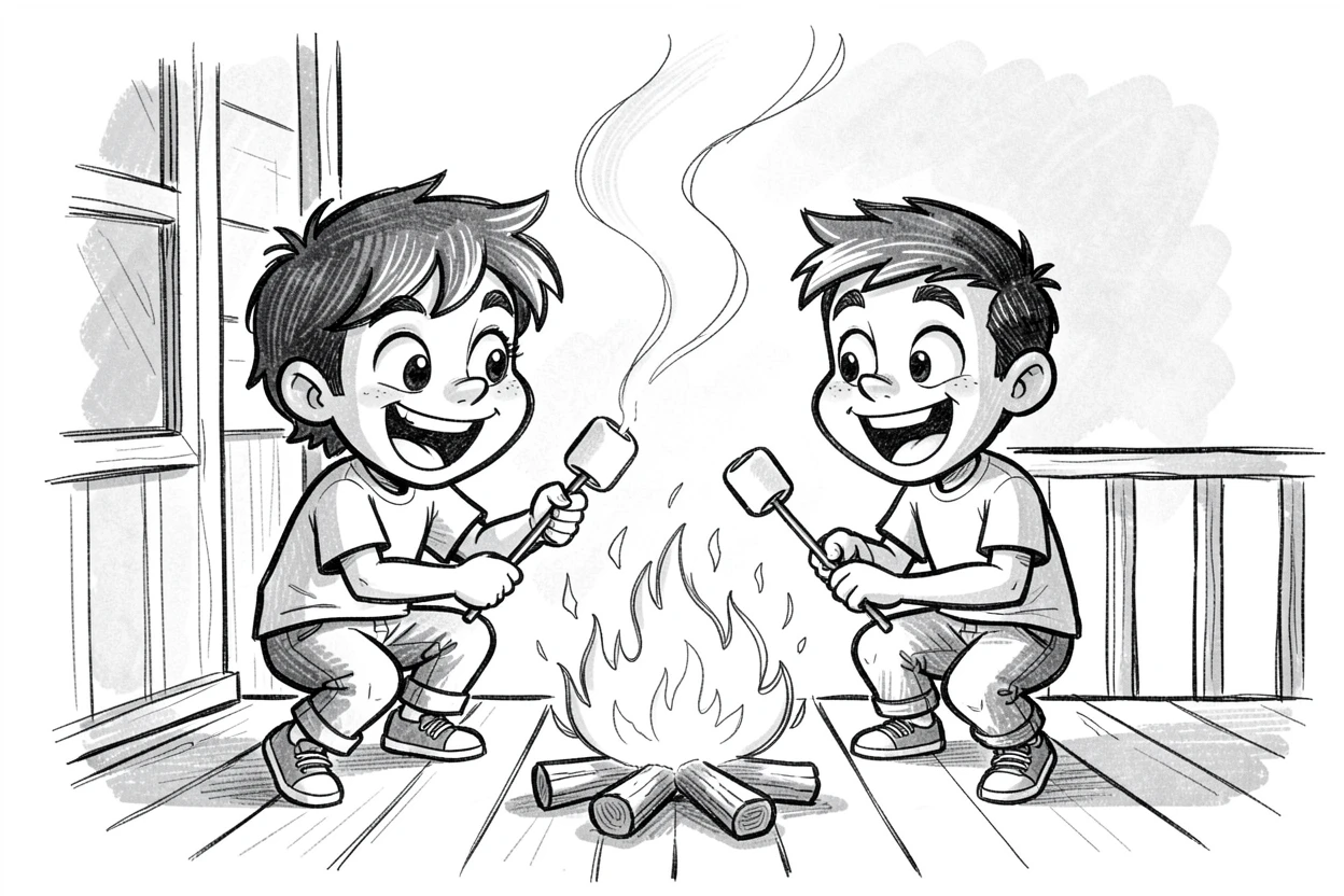 Siblings roasting marshmallows over a campfire on a porch during a warm evening.