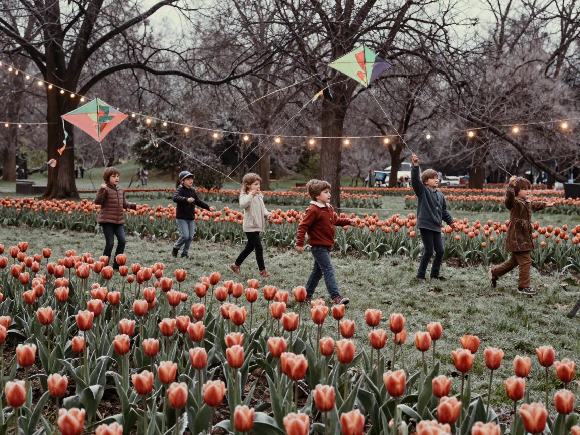 Children flying kites in a park full of blooming tulips, under strings of warm string lights, with frost coating every surface, in early spring, in earthy terracotta and ochre shades, from a three-quarter angle.