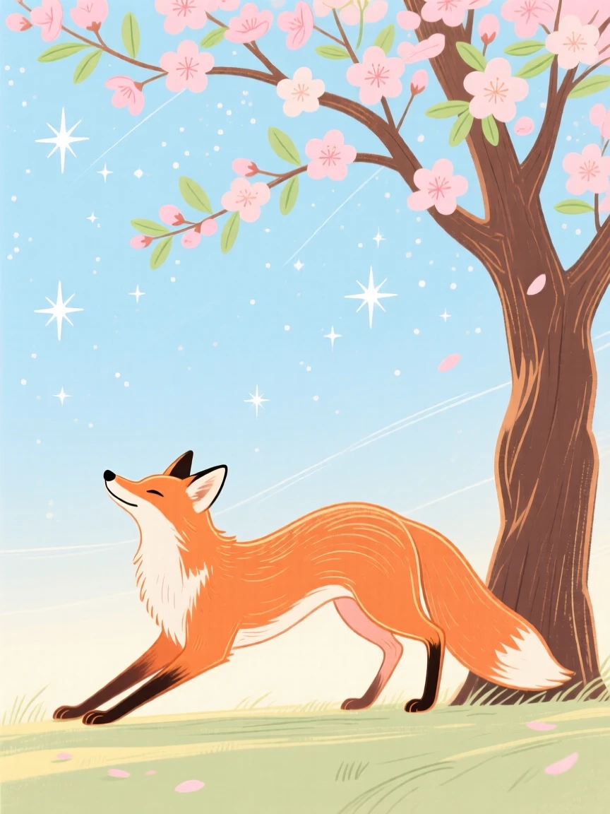 A curious fox stretching in the morning light under a blossoming tree under a clear starry sky.