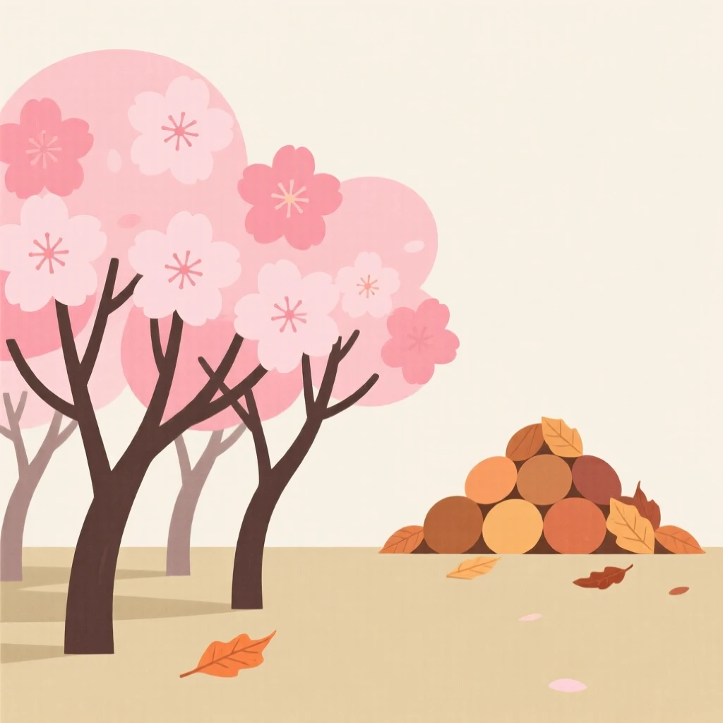 A burst of cherry blossoms covering an orchard as a pile of raked leaves appears in the distance, full of cozy anticipation.