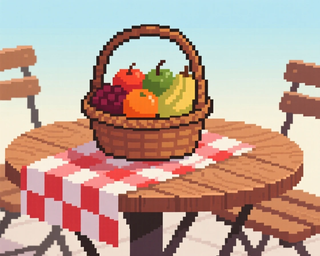 A basket of ripe fruit arranged neatly on a checkered tablecloth, at an outdoor café table.