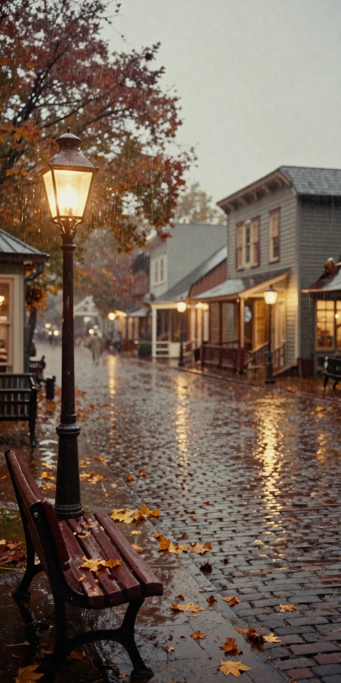 A quiet village square lit by soft lantern light after dark, in low lamplight, under a light drizzle, in the mild days of early autumn, with rich burgundy and gold accents, through a rain-streaked window.