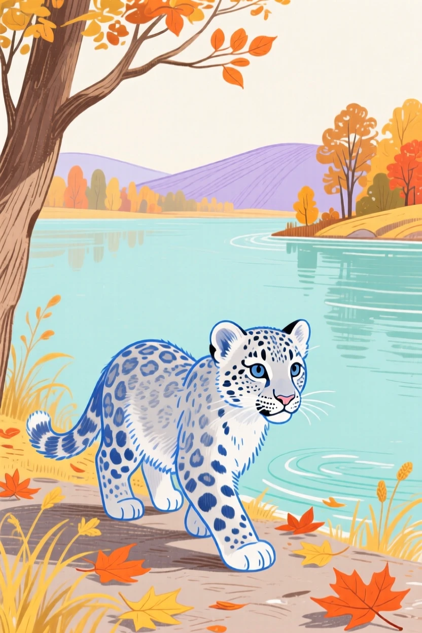 A snow leopard cub wandering beside a still lake on a crisp autumn day.