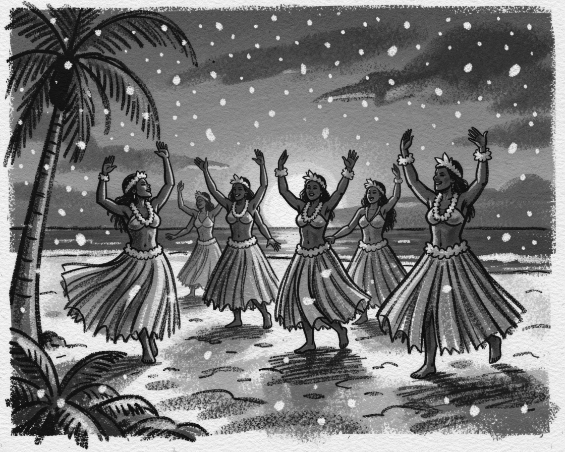 A Hawaiian luau with hula dancers at sunset, under a soft blanket of falling snow.