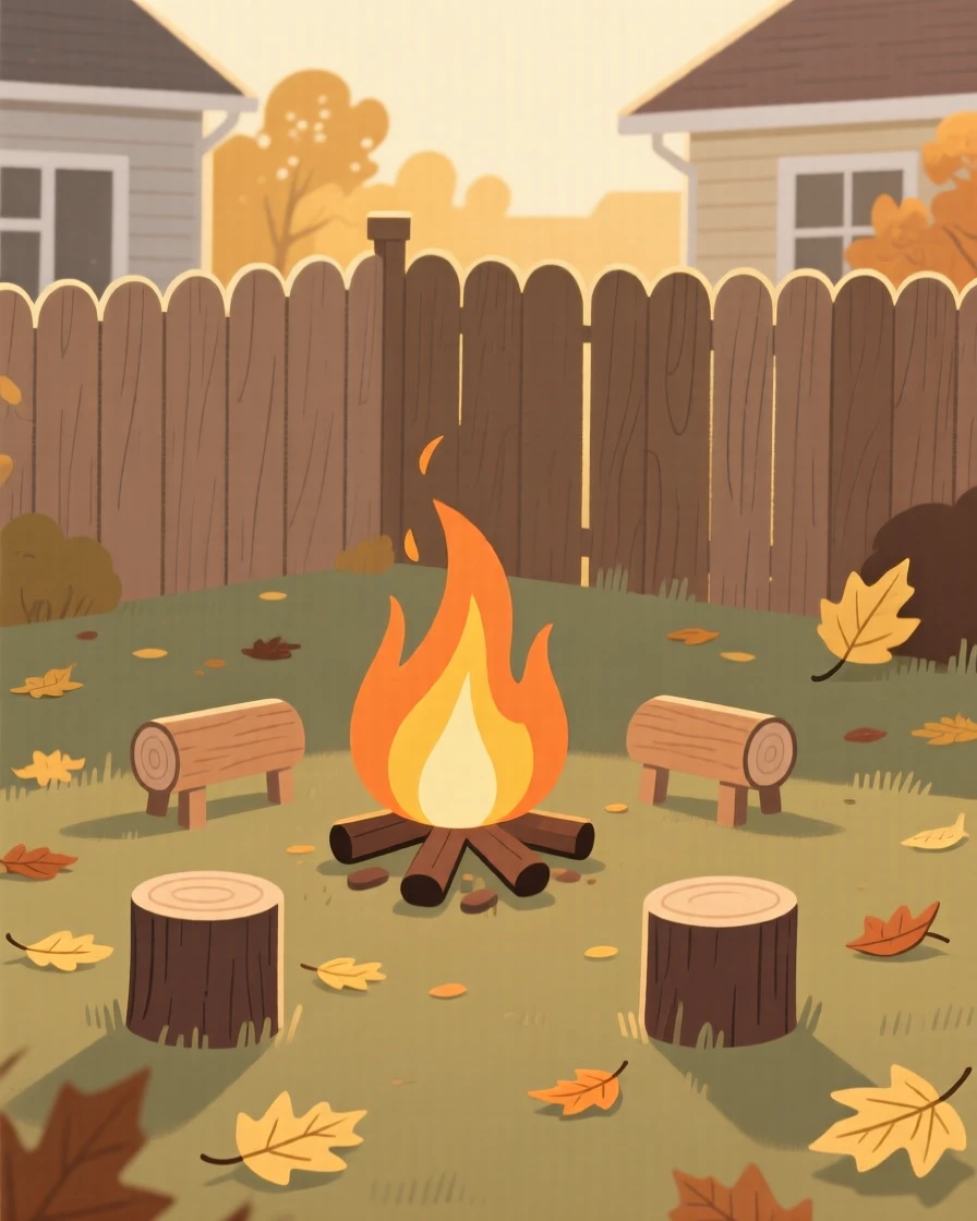 A suburban backyard, transformed by golden autumn light, with a warm bonfire scattered throughout, captures cozy anticipation.