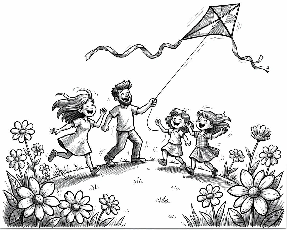 A family flying a kite together on a windy hill in a backyard full of summer flowers.