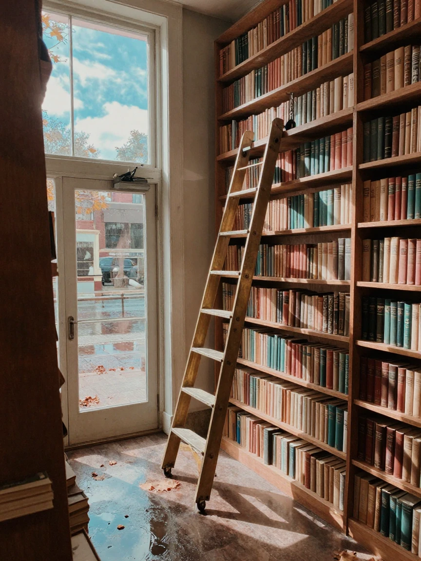 A vintage bookstore with towering shelves and a rolling ladder, under harsh midday sun, just after a rain shower, with puddles reflecting the sky, in the mild days of early autumn, in soft muted pastels, from a slightly elevated vantage point.