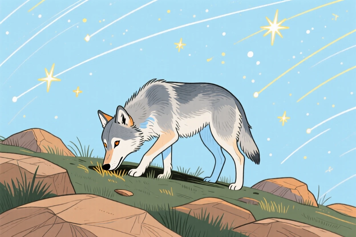 A young wolf grazing on a rocky hillside under a clear starry sky.