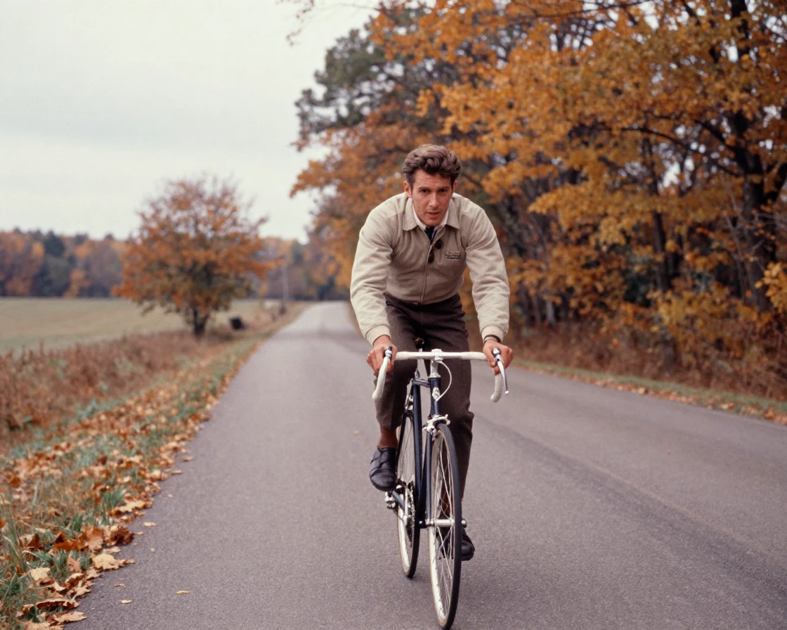 A cyclist racing down a winding countryside road, in gentle diffused daylight, in crisp, dry air, in the mild days of early autumn, dominated by warm amber and rust tones, at eye level, intimate and direct.