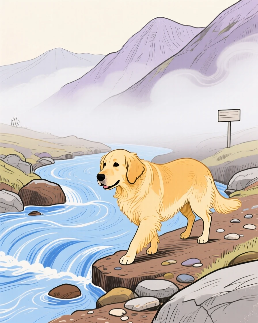 A golden retriever wandering beside a mountain stream as fog rolls in.