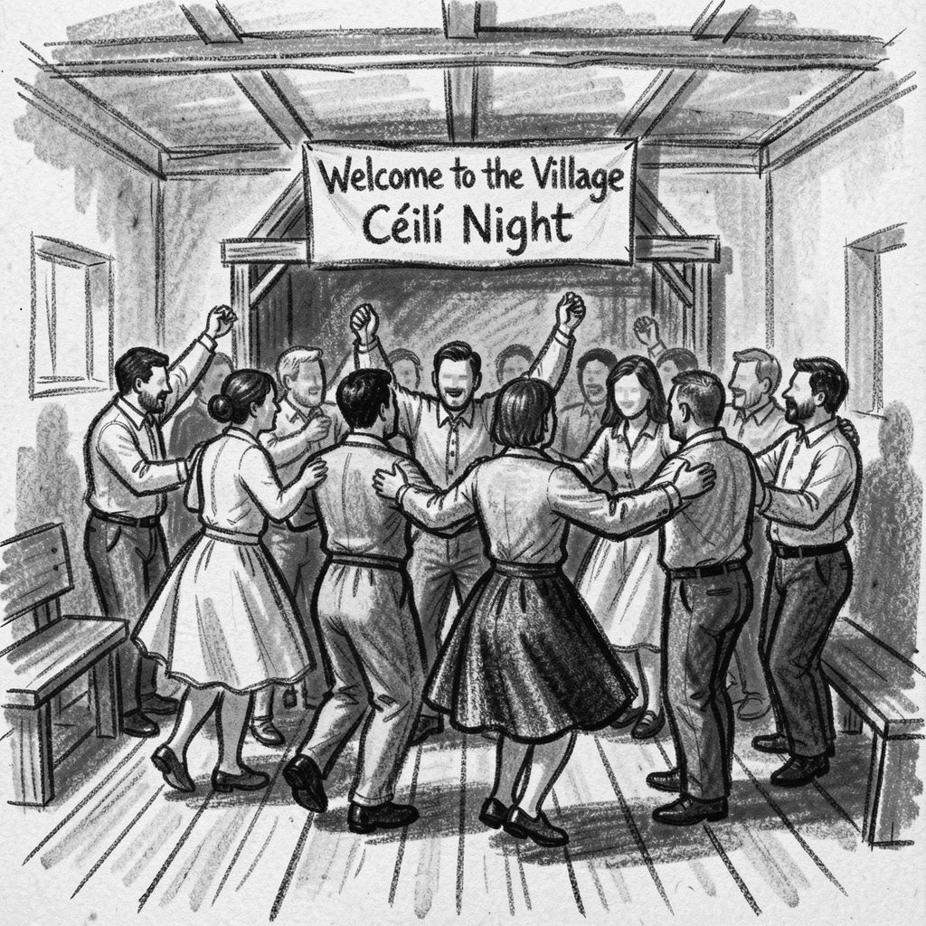 A traditional Irish céilí dance in a village hall, with everyone gathered close together.